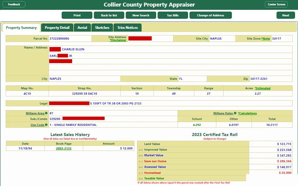A screenshot showing a Collier County property appraiser showing details such as property summary which are the parcel number, site address, site city, site zone, name, address, map number, strap number, section, township and others.