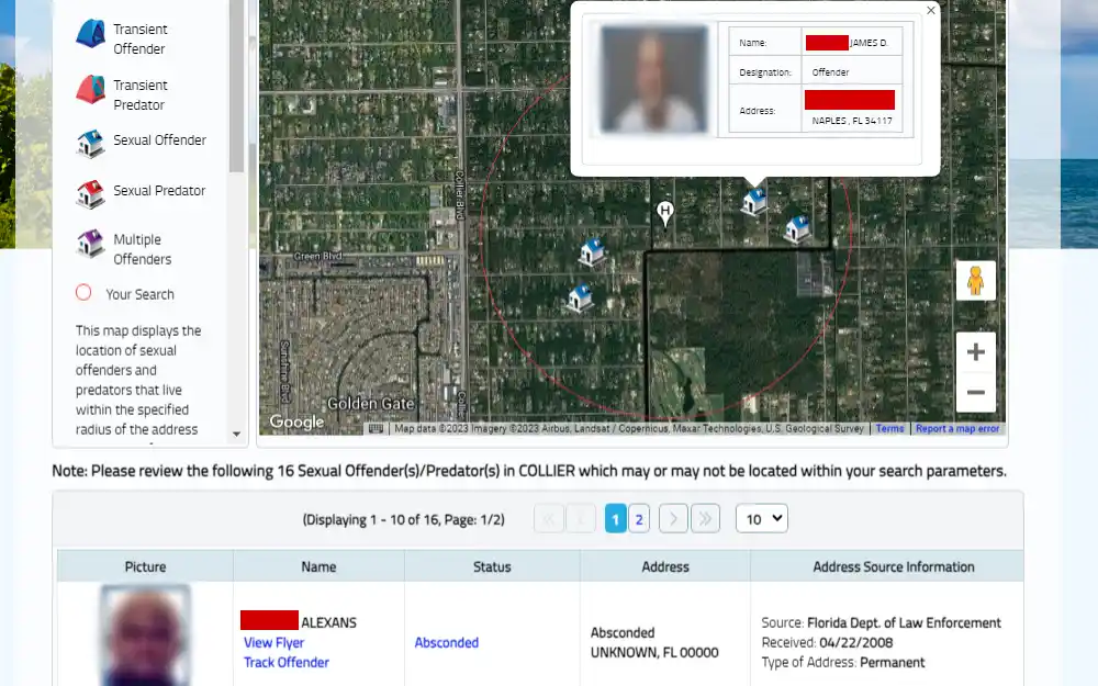 A screenshot showing a neighborhood search results displaying a map, an information regarding the offender such as name, designation, address, status, a preview picture, address source and others.