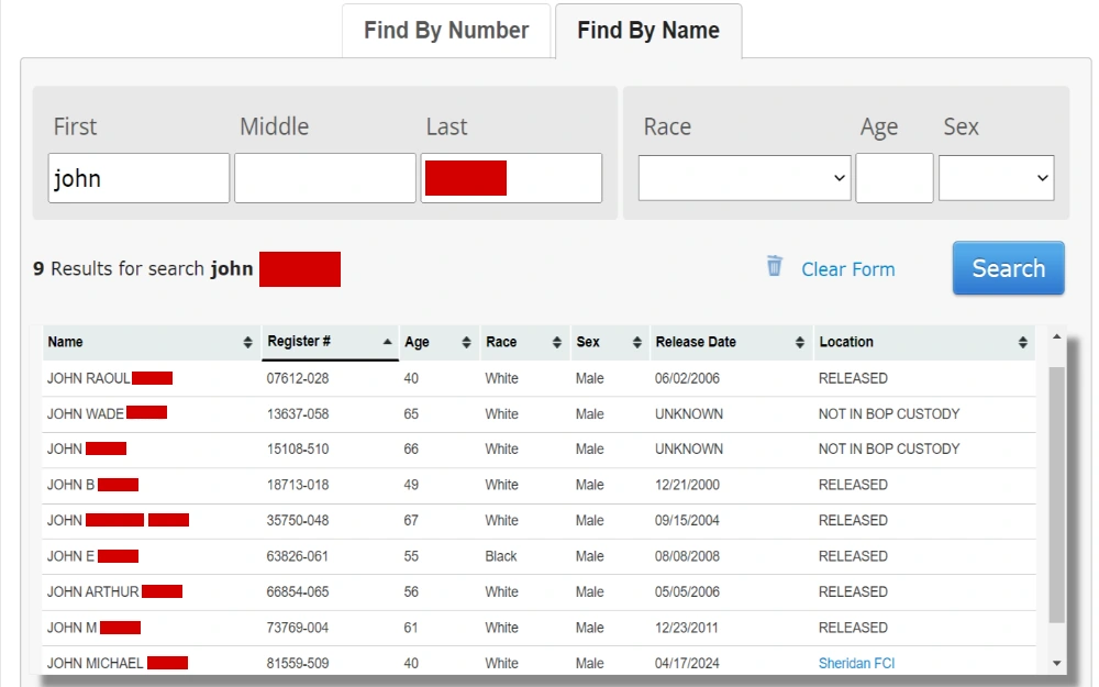 A screenshot showing the inmate search results from Federal Bureau of Prisons website displaying details such as name, register number, race, age, sex, release date and location.