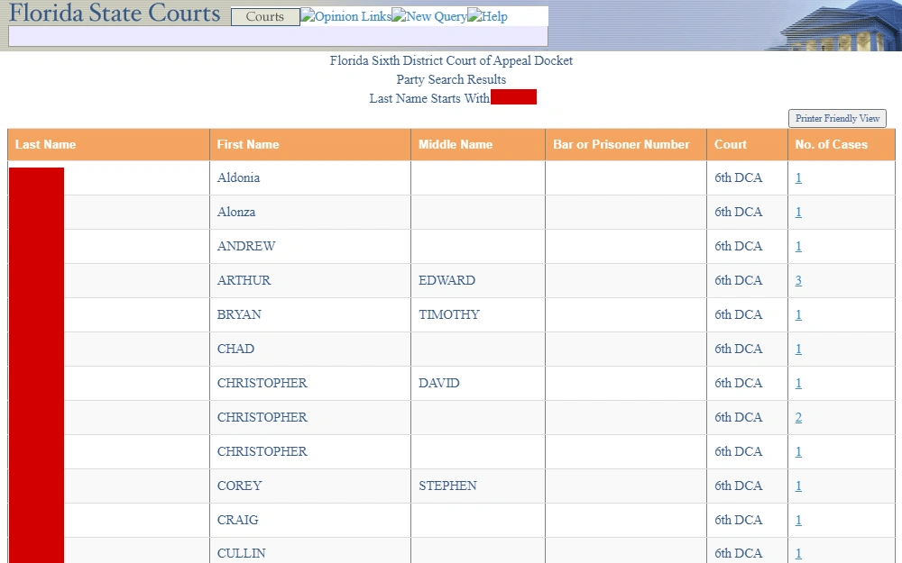 A screenshot displaying an online docket search results from the Florida State Courts, Florida District Courts of Appeal displaying details such as last name, first name, middle name, bar or prisoner number, court and number of cases.