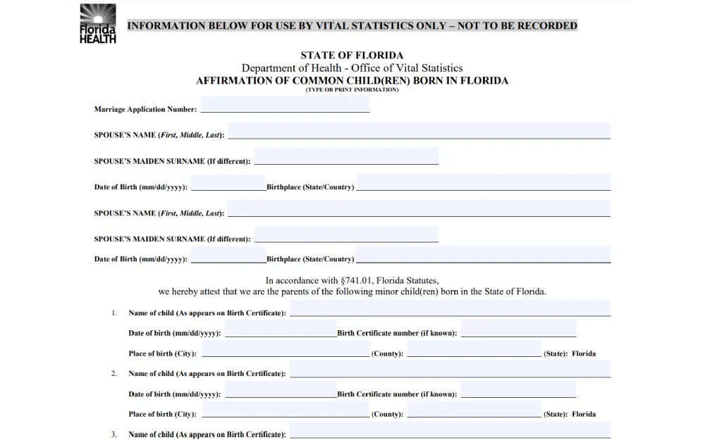 A document from the Florida Department of Health for affirming common children born in Florida, which includes fields for the spouses' full names, maiden surnames if different, and the names, birth dates, and birthplaces of the children.