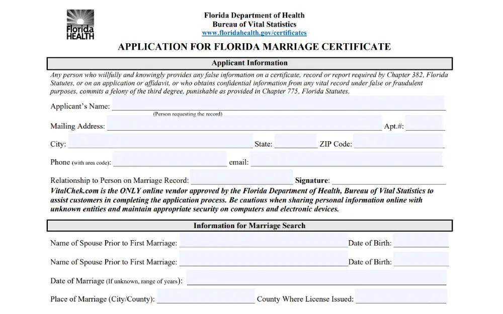 An application form for a marriage certificate from the Florida Department of Health, Bureau of Vital Statistics, including fields for personal details, such as the applicant's name, mailing address, and information pertaining to a marriage record search.