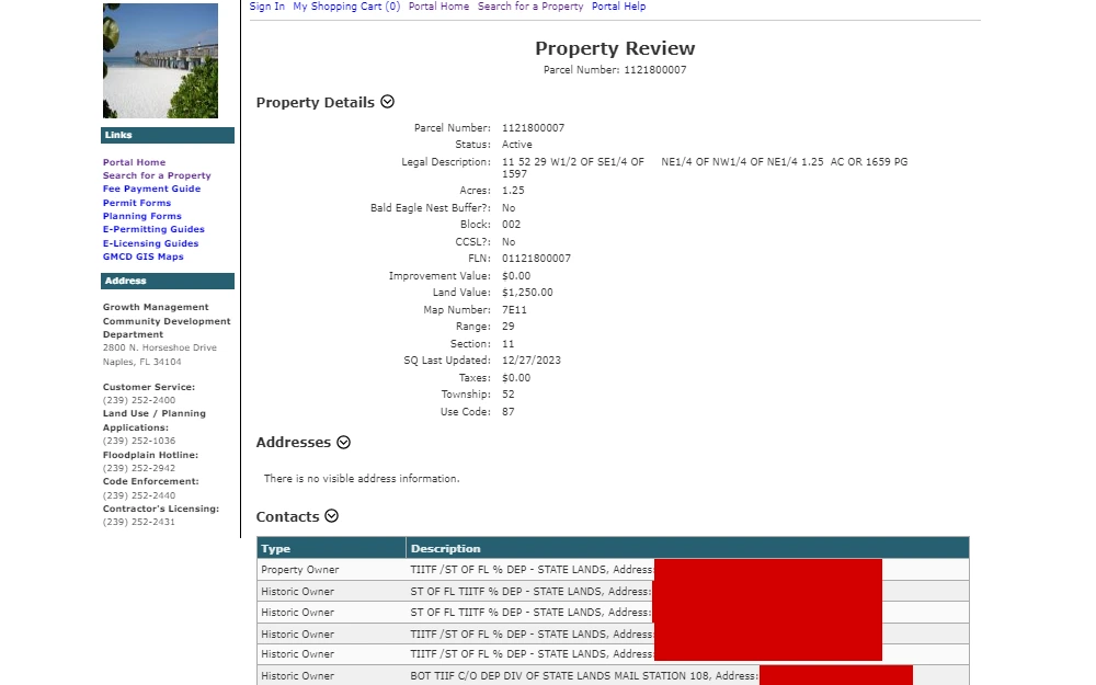 A screenshot showing a property review with details such as parcel number, status, legal description, acres, block, bald eagle nest buffer, improvement value, land value, map number and others.