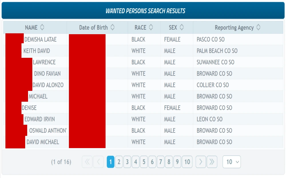 A screenshot displaying a search results of wanted persons showing details such as name, date of birth, sex, race and reporting agency from Florida Department of Law Enforcement, Florida Crime Information Center website.