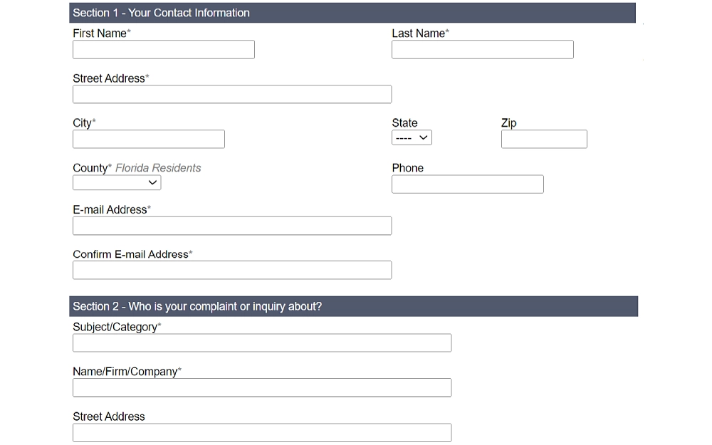 A screenshot displaying a Citizen Services contact form that requires needed details in section 1, contact information such as first name, last name, street address, city, state, county, phone number, email address, and other section information.