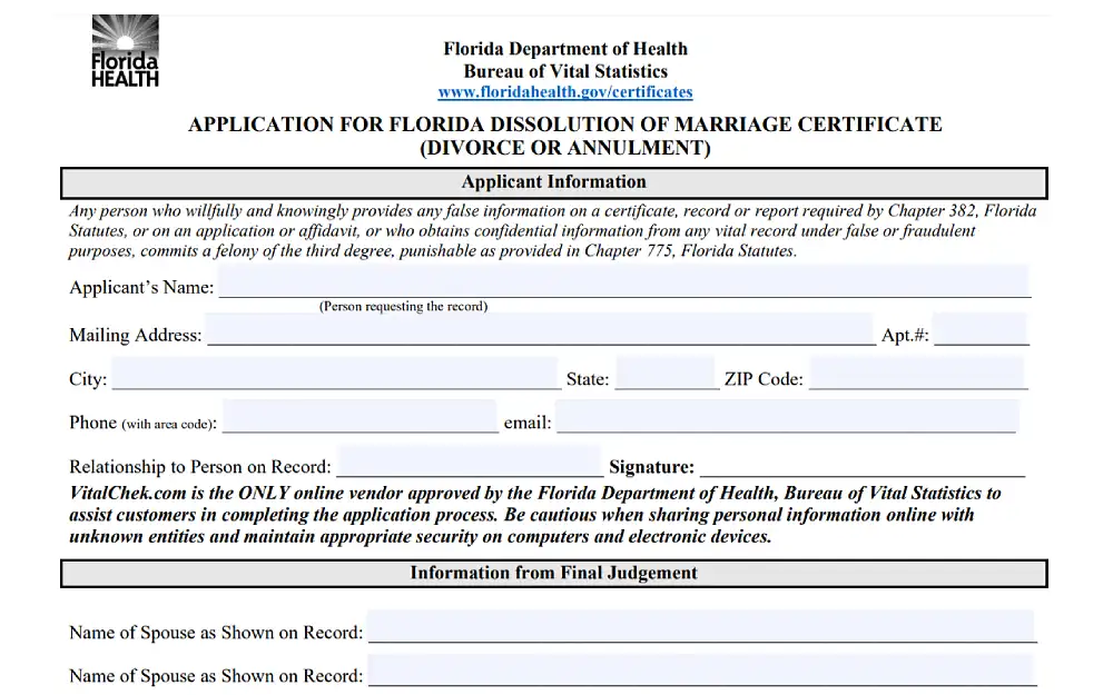A screenshot showing the Application for Florida Dissolution of Marriage Certificate (Divorce or Annulment) form from the Florida Department of Health, Bureau of Vital Statistics website that requires information such as applicant's name, mailing address, city, state, email address, phone number, ZIP code and others.